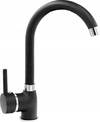 A black kitchen faucet with a speckled pattern and silver accents is shown against a white background.