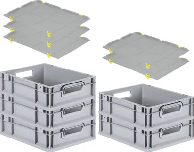 Produktbild von SparSet 5x Eurobox NextGen Economy mit Auflagedeckel und 4x Schiebeschnappverschlüsse Gelb | Griffe offen | HxBxT 12x30x40cm | 11 Liter | Eurobehälter, Transportbox, Transportbehälter, Stapelbehälter