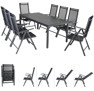 Image de Salon de jardin aluminium Bern 8+1 anthracite table 180x90cm chaise haute pliante plateau WPC dossier 7 positions mobilier de jardin