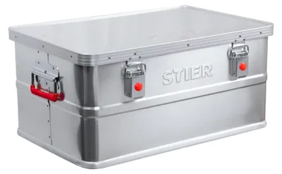 Produktbild von STIER Alubox, Aluminiumbox 50L, Staub- und spritzwasserresistent, mit Gummidichtung und 2 Klapphandgriffen, Transportkiste aus verchromten Stahl und stabilen Hebelspannverschlüssen