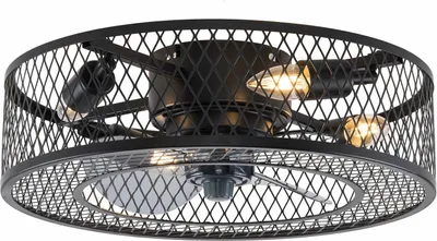A close-up, straight-on view of a black ceiling fan with integrated lights, set against a white background.
