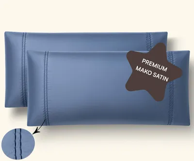 Obrázok produktu pre Saténové obliečky na vankúše, 40 x 80 cm, bavlna (sada 2 kusov), modré s výšivkou. Saténové obliečky na vankúše: 80 x 40 cm, 40 x 80 cm. Obliečky na vankúše