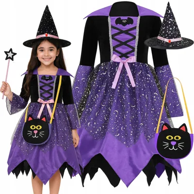 Produktbild von Hopki Mädchen Hexenkostüm Kleid mit Hut Halloween Größe 140-146