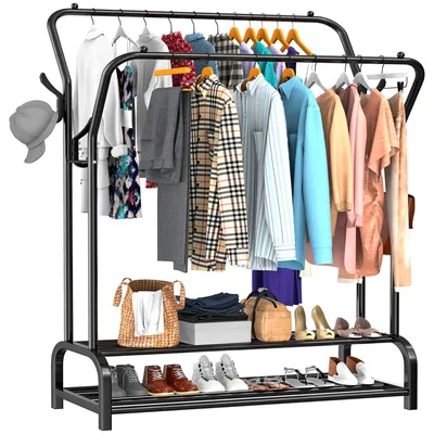 Image de Portant à Vêtements Industriel Double Barre en Métal 110x33x150 CM Noir avec Rangement pour Chaussures et Crochets Avalo