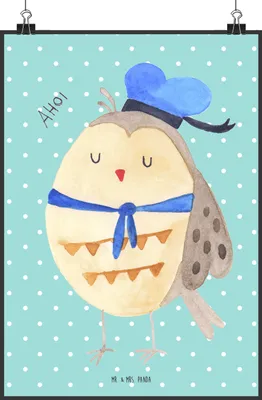 Produktbild von Mr. & Mrs. Panda Bild Eule Matrose DIN A1 - Türkis Pastell - Geschenk, drucke, Wandbild, Deko, Kunstdruck, Kapitän, Hochzeitstag, Owl, Freundin, Seefahrer, wandkunst