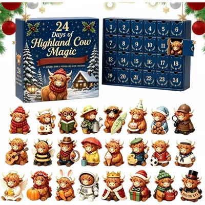 Produktbild von Highland Cow Adventskalender mit 24 Figuren, Mini-Figuren-Weihnachts Countdown, Weihnachtsdekoration im Landhausstil, Bestes Geschenk, Modell B
