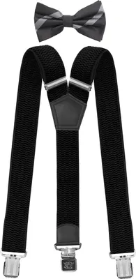Produktbild von Fabio Farini - 1 Stück mit passender Fliege als Set 4cm Y-Form für Herren Pack Schwarz 4cm Hosenträger - Schwarz Grau Kariert Fliege