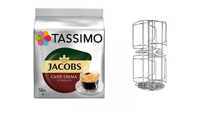 Produktbild von Kapselständer, Kapselhalter "Tassimo" für bis zu 48 Kapseln jedoch 6 Sorten auf kleinster Fläche und drehbar plus 1 Packung Caffee Crema Classico
