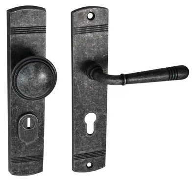 A set of door hardware, including a door handle and a doorknob with a keyhole plate, displayed against a white background.