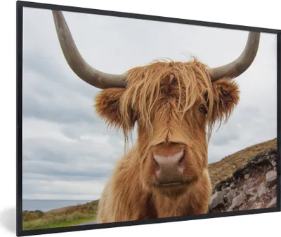 Produktbild von MuchoWow® Gerahmtes Poster Schottischer Highlander - Hörner - Berg 60x40 cm - Poster mit Schwarzem Bilderrahmen Wandposter Rahmen Foto Bilder - Printing - Wanddeko Schlafzimmer