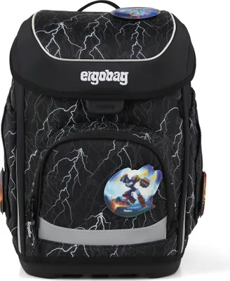 A black ergobag backpack with a lightning bolt pattern and a character patch.
