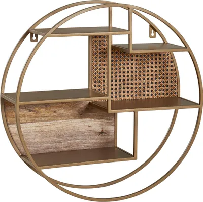 Produktbild von FineBuy Wandregal Rattan 62x62x17 cm Hängeregal Massivholz / Metall Industrial Schweberegal Wiener Geflecht Rund Wand Regal Hängend Offen Wohnzimmer