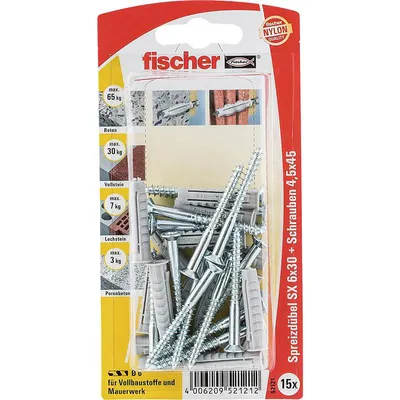 Produktbild von fischer Dübel mit vierfach Spreizung SX 6x30 mm mit Schraube (15 Stück) 052121