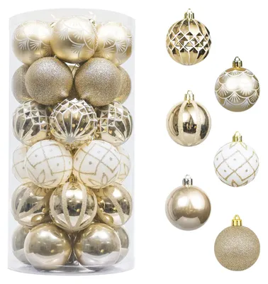 30 unzerbrechliche Weihnachtskugeln, 5 cm, weiß-gold, Kunststoff