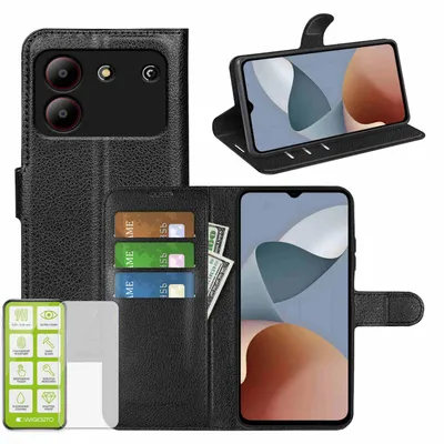 Obrázok produktu pre Puzdro na mobilný telefón ZTE Blade A54 – čierne puzdro z umelej kože + tvrdené sklo H9