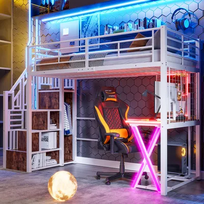A modern loft bed setup with a desk and gaming chair, illuminated by LED lights.