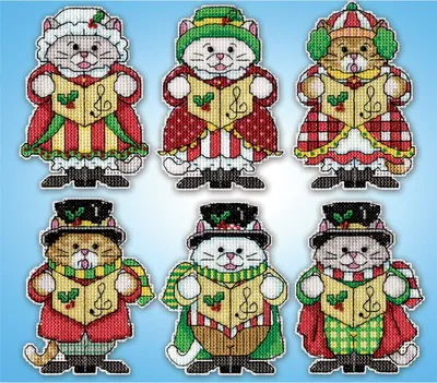 Produktbild von Design Works Kreuzstich Stickpackung "Weihnachtsbaumschmuck Kätzchen-Weihnachtslieder (6er-Set)", Zählmuster, 9x10cm