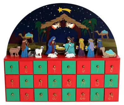 Holz-Adventskalender mit Krippenszene, 24 Schubladen, 30x5x25 cm