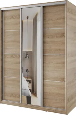 Obrázek produktu pro Šatní skříň NEJBY BARNABA 150 cm s posuvnými dveřmi, zrcadlem,4 šuplíky, 2 šatními tyčemi,dub sonoma