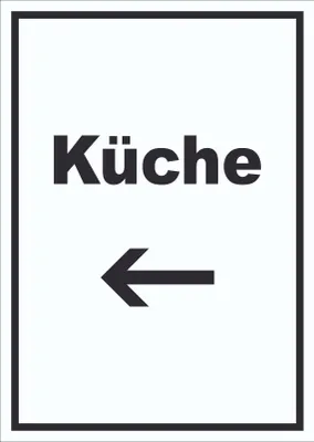 Produktbild von Küche Schild mit Text und Richtungspfeil links Kitchen cucina hochkant A2 Rückseite selbstklebend