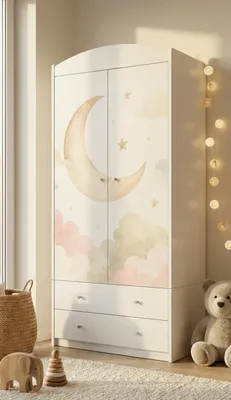 Image de Armoire pour chambre d'enfant avec motif imprimé, 88x187x54 cm, armoire blanche pour enfant avec barre de suspension et 2 tiroirs