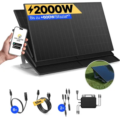 Produktbild von Balkonkraftwerk 2000W Solaranlage mit Garten Halterung Steckerfertig Komplettset Photovoltaik Anlage 800W, Kabellänge: 10m, Solakon - onPower