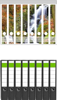 Produktbild von Wallario 8 Stück schmale Ordner inkl. Klebeetiketten mit Motive Bach im Wald -  Set mit Rückenschildern / Ordnerrücken Stickern