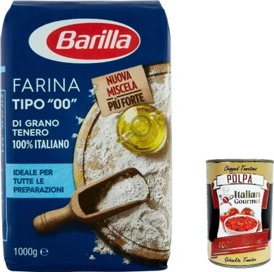 Produktbild von 3x Barilla Farina tipo 00 Grano tenero, Mit 100% italienischem Weize, Mehl Weichweizenmehl 1Kg + Italian GOurmet polpa 400g