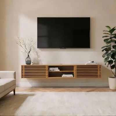 Produktbild von Lowboard RIAN, 175 cm hängend aus Massivholz, Eiche Finish - TV Schrank mit Lamellentüren, Wohnzimmermöbel im Mid Century Style, Wandmontage ideal für Fernseher [max. Belastbarkeit 50 kg]