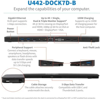 Zdjęcie produktu dla Tripp Lite U442-DOCK7D-B, Przewodowa, USB 3.2 Gen 1 (3.1 Gen 1) Type-C, 100 W, 1000 Mbit/s, Czarny, MicroSD (TransFlash), SD