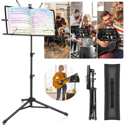 Produktbild von Notenständer mit Tasche Notenständer aus Metall Notenpult Orchesterpult Notenablage klappbar und leicht 60-140 cm in Schwarz für Kinder & Erwachsene