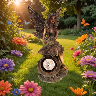 Produktbild von Edle Elfe mit Solar Blumenstrauß Figur Gartenfigur 30cm Fee Fairy LED