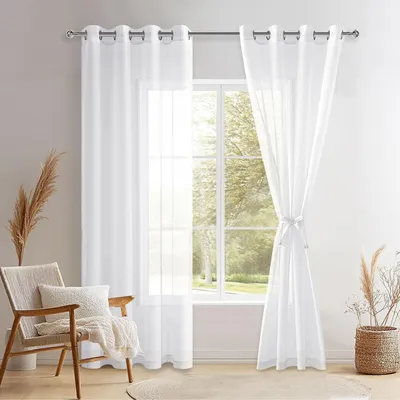 Produktbild von Gardine & Vorhang DWCN 2er-Set durchsichtige Voile-Vorhänge mit Ösen, transparente Vorhänge mit Vorhangschlaufen für Wohnzimmer, weiß, 215 x 140 cm (H