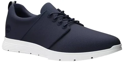 A single navy blue Timberland sneaker shown from a side-diagonal angle on a white background.
