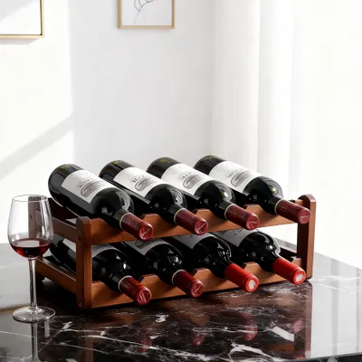 Image de Étagère à bouteilles en bambou, dimensions 43 x 23,5 x 15 cm, capacité pour 8 bouteilles, à 2 niveaux, idéale pour la cuisine