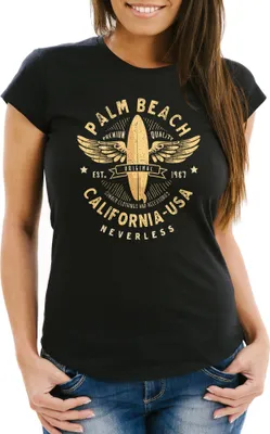 Produktbild von Damen T-Shirt Surfing Motiv Vintage Effekt Palm Beach California USA Schriftzug Fashion Streetstyle Slim Fit Neverless® schwarz S
