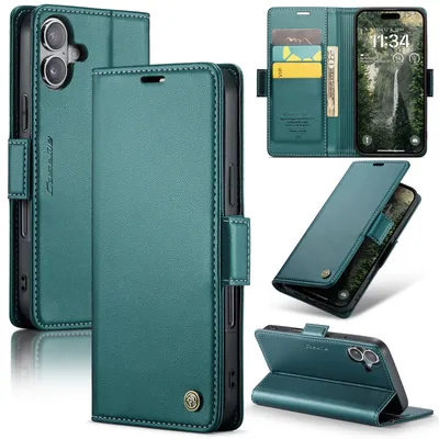 Immagine prodotto di Custodia per iPhone 16, carta di blocco RFID, custodia in pelle avanzata con funzione di supporto Verde