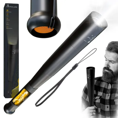 A collage of images showing a baseball bat flashlight, its packaging, and a man holding a smaller flashlight.