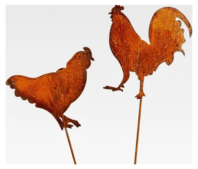 Produktbild von Edelrost Gartendekoration Huhn und Hahn im 2er Set - Figuren für den Garten - Rosttiere als Blumenstecker und Gartendekoration