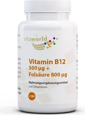 Obrázok produktu pre Vitaworld Vitamín B12 500 µg + Kyselina listová 800 µg | 180 tabliet | Vysoká dávka | Vegan
