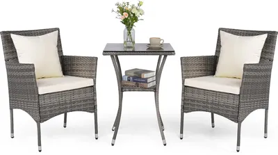 Immagine prodotto di COSTWAY Set di mobili da giardino in polyrattan 3 pezzi con tavolo in vetro e cuscini, set di mobili in rattan, set di sedute, set da balcone, set da terrazza, set da giardino, beige