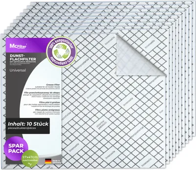 Produktbild von McFilter | Fettfilter (10 Stück), Universal, 57 x 47cm mit Sättigungsindikator, Zubehör f. Dunstabzugshauben, extra speicherfähig, zuschneidbar
