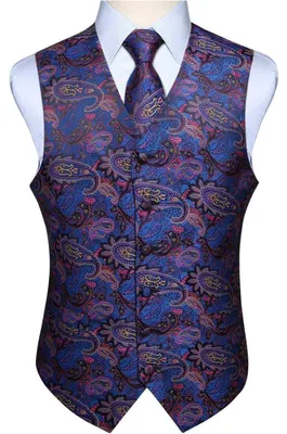Productafbeelding van Herenset: Vest, das, zakdoek, paisley, bloemenprint, jacquard, blauw, roze, XXL