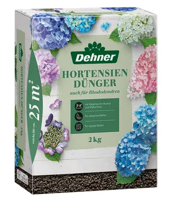 Produktbild von Dehner Hortensiendünger, hochwertiger Dünger für Laubgehölze, organischer NPK-Dünger, mit Spurennährstoffen, organisch-mineralisch, 2 kg, für ca. 25 qm