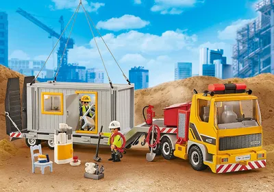 A construction site scene with a truck, a container being lifted by a crane, and construction workers.