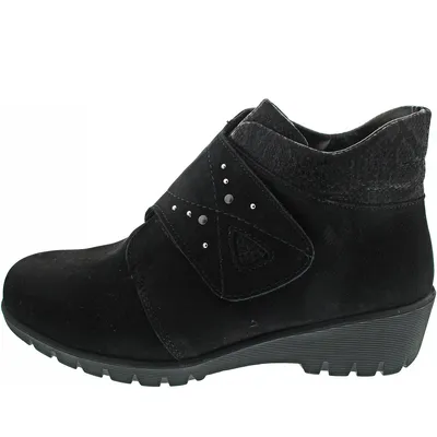 A side view of a black bootie.