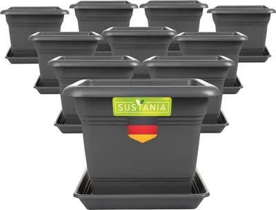 Produktbild von Eckiger Pflanzkübel anthrazit 28x28 cm robust wetterfest mit Untersetzer für Tomaten Balkon Garten 10er-Set