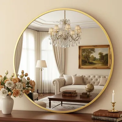 Zdjęcie produktu dla Okrągłe lustro ścienne, średnica 60 cm, złota rama aluminiowa, dekoracja do łazienki lub salonu