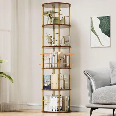 Obrázek produktu pro Otočná knihovna Unyqoos® vyrobená z MDF desky P2 a kovové konstrukce, barva vintage hnědá, rozměry 45 x 45 x 160 cm, 5 nastavitelných polic, kapacita 80–100 knih