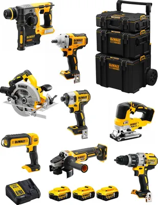 Produktbild von DeWALT Kit DWK801 (DCD996 + DCH273 + DCG405 + DCF887 + DCF894 + DCS334 + DCS570 + DCL050 + 3 x 5,0 Ah + DCB115 + 3en1 Caddy)